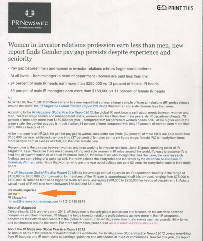 Press Release From Research Outlining Gender Pay Gap In the Investor Relations Industry