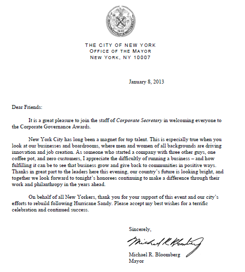 New York Mayor Bloomberg's letter of congratulations.
