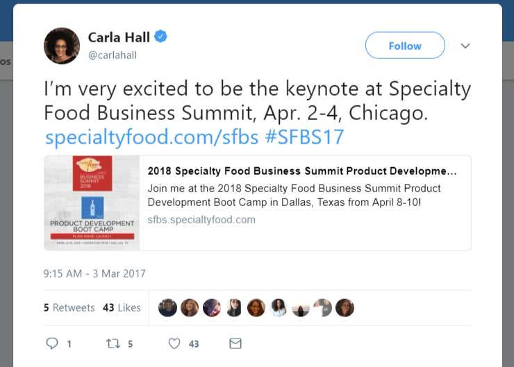 Carla Hall's tweet about the Specialty Food Business Summit
